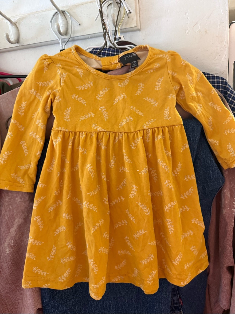 Petit Lem Mustard Yellow Floral-Leaf Long Sleeve Dress